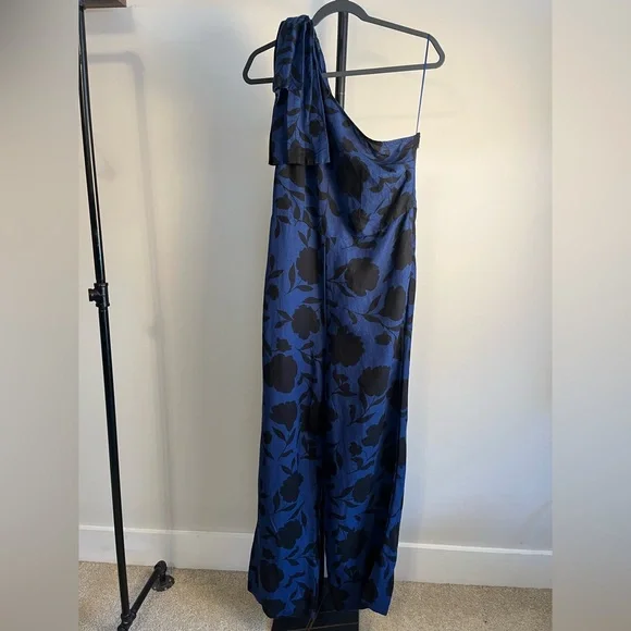 New! Kate Spade x Target Elegant Blue Floral One-Shoulder Jumpsuit Linen Size 10 - Picture 5 of 8